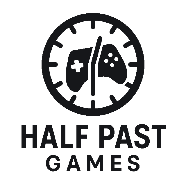 Half Past Games logo: a clock at half past nine with a game controller